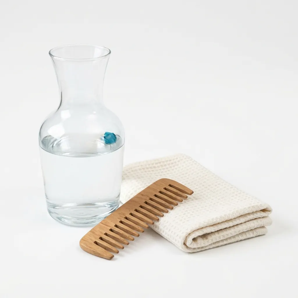 Clear glass carafe, folded towel, and wooden comb on a white surface