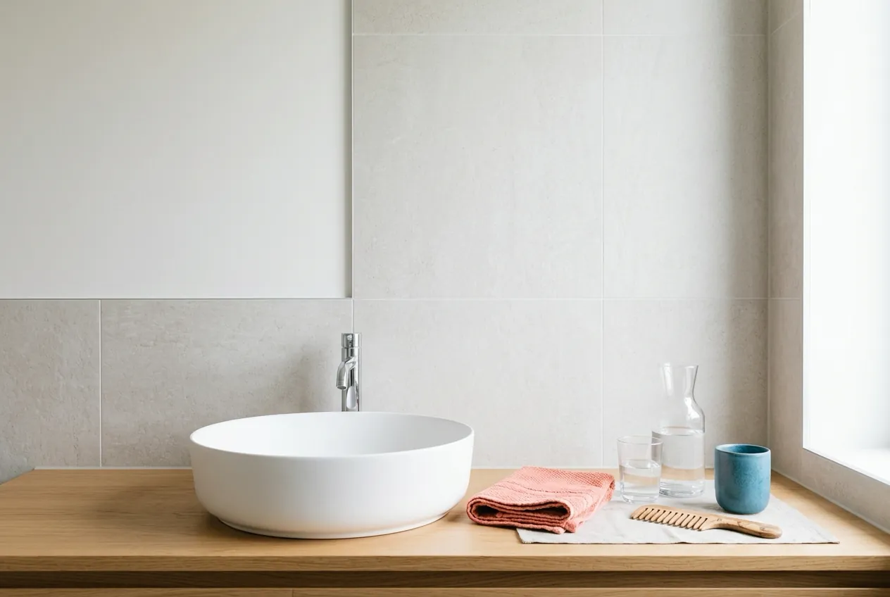 Sunlit real washroom with white tile, red towel, and water by a seaside window